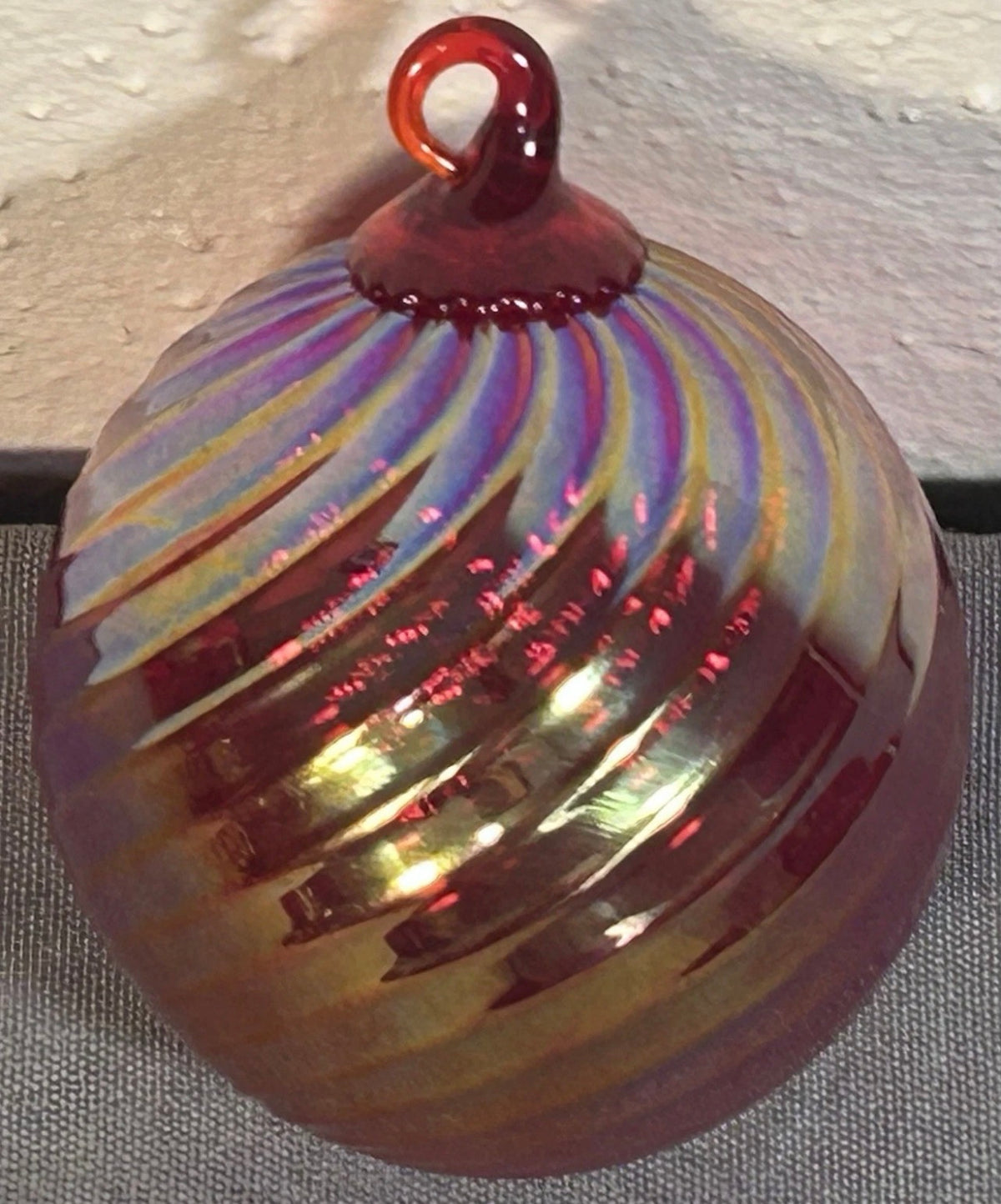 Polish Hand-Blown Iridescent Ruby Red Art Glass Round Ornament