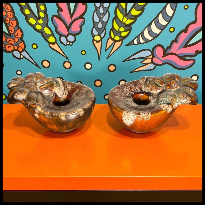 Pair of Vintage 1960’s American Mid Century Modern Brown Ceramic Drip Glaze Flower Bowl Form Votive Candle Holders