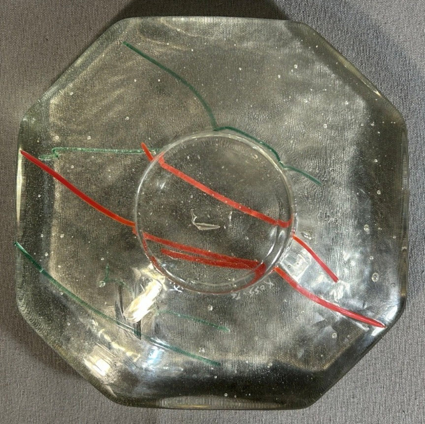 Vintage 1996 Gene Koss Studio Art Glass Contemporary Style Octagonal Footed Shallow Bowl (New Orleans, Louisiana)