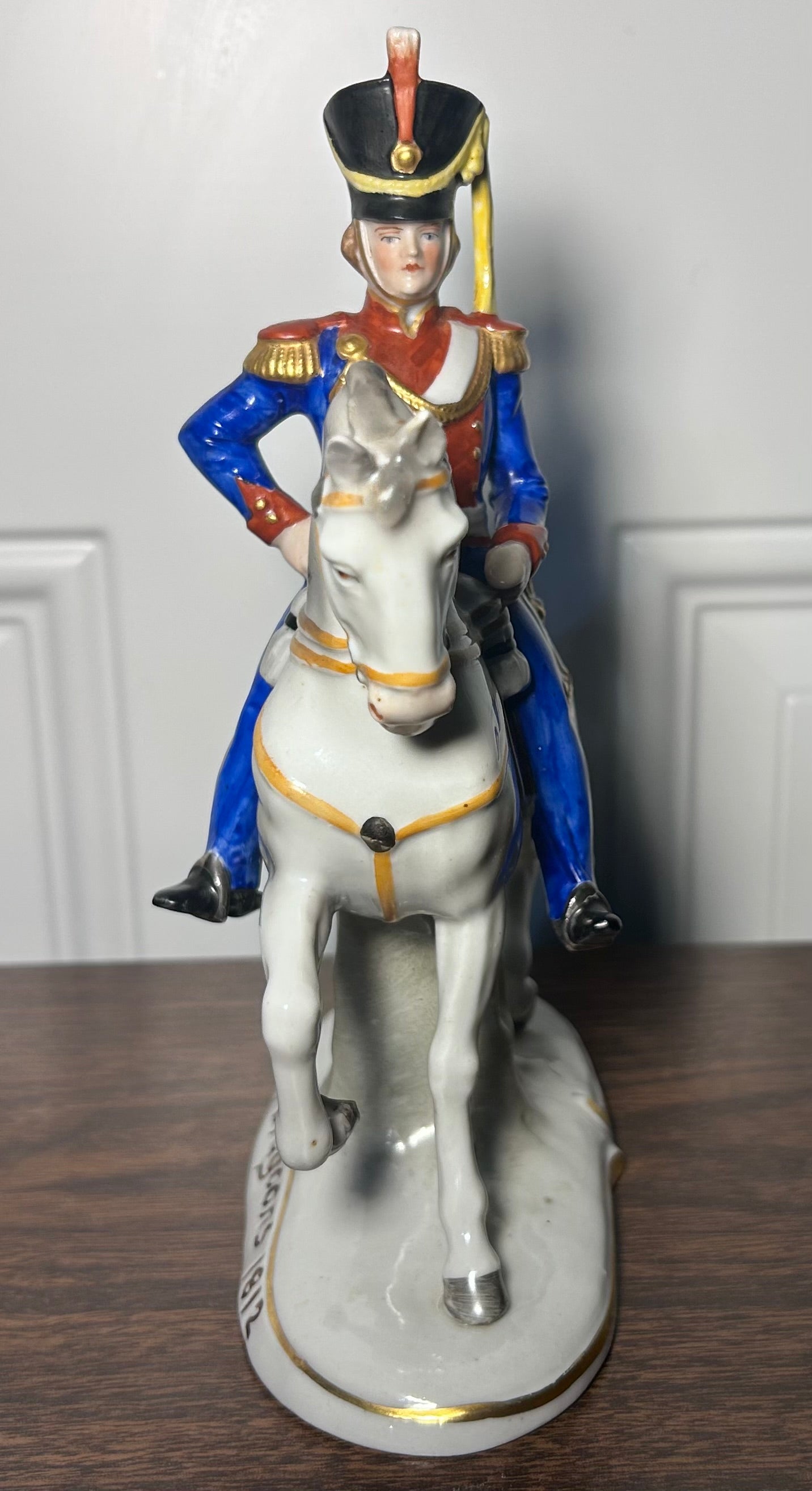 1918-1920 German Sitzendorf Porcelain Light Dragoons 1812 Military Officer on Horseback Figurine