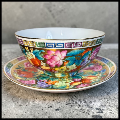 Vintage 1970’s Chinese Zhongguo Chao Cai Gilded Mille Fleur Porcelain Tea Bowl and Saucer Set