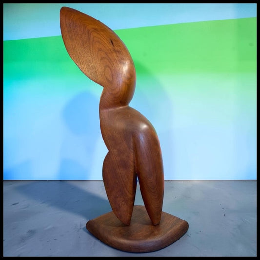 Vintage 1960’s/ 1970’s American Mid Century Modern Biomorphic Stylized Anthropomorphic Abstract Figural Form Carved Black Cherry Wood Sculpture on Plinth Base Signed EWL