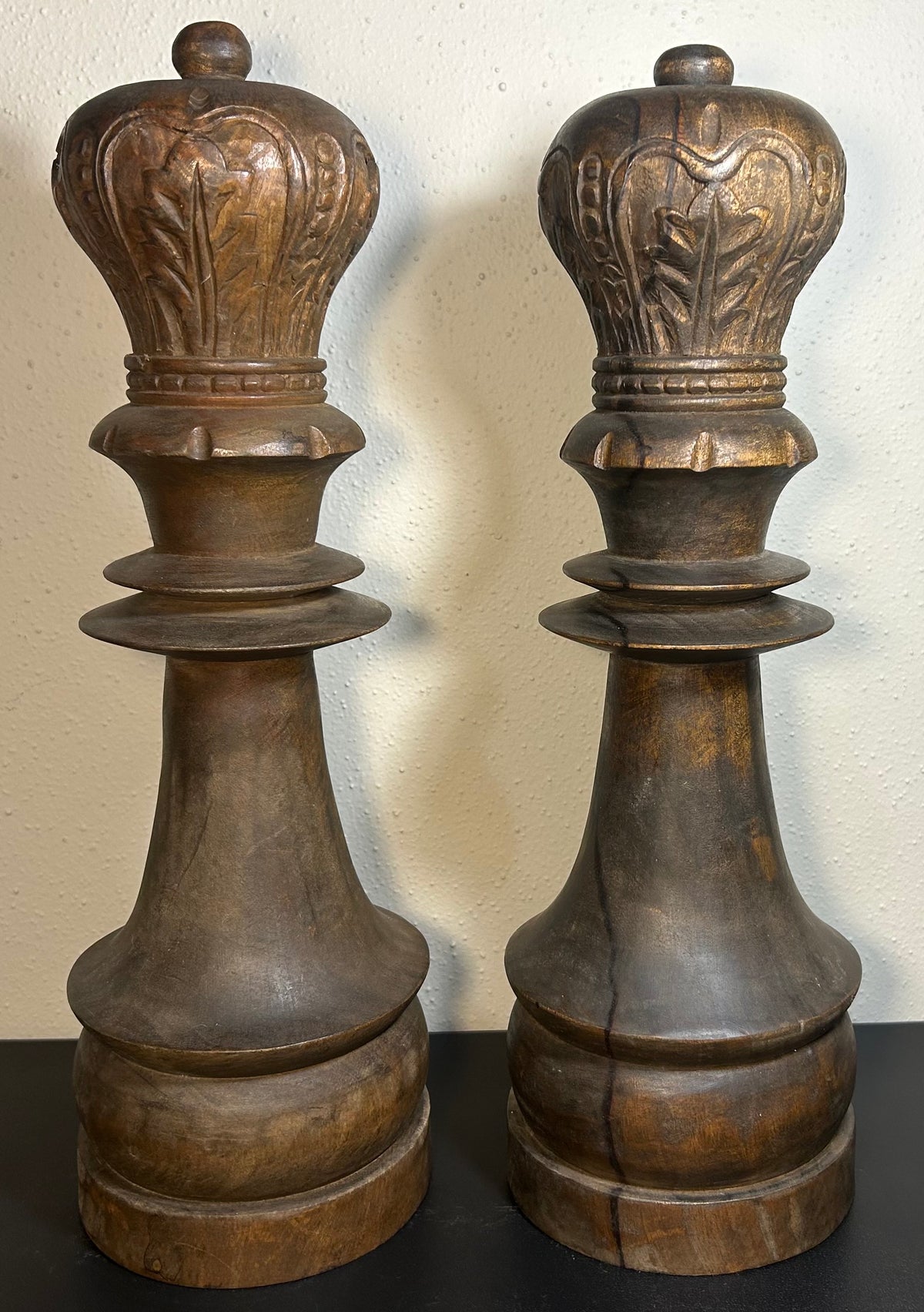 Pair of Vintage 1970’s Monumental Staunton Style Hand-Carved Kamagong Wood Queen Chess Piece Sculptures Made in the Phillipines