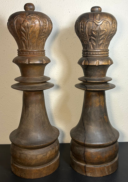 Pair of Vintage 1970’s Monumental Staunton Style Hand-Carved Kamagong Wood Queen Chess Piece Sculptures Made in the Phillipines