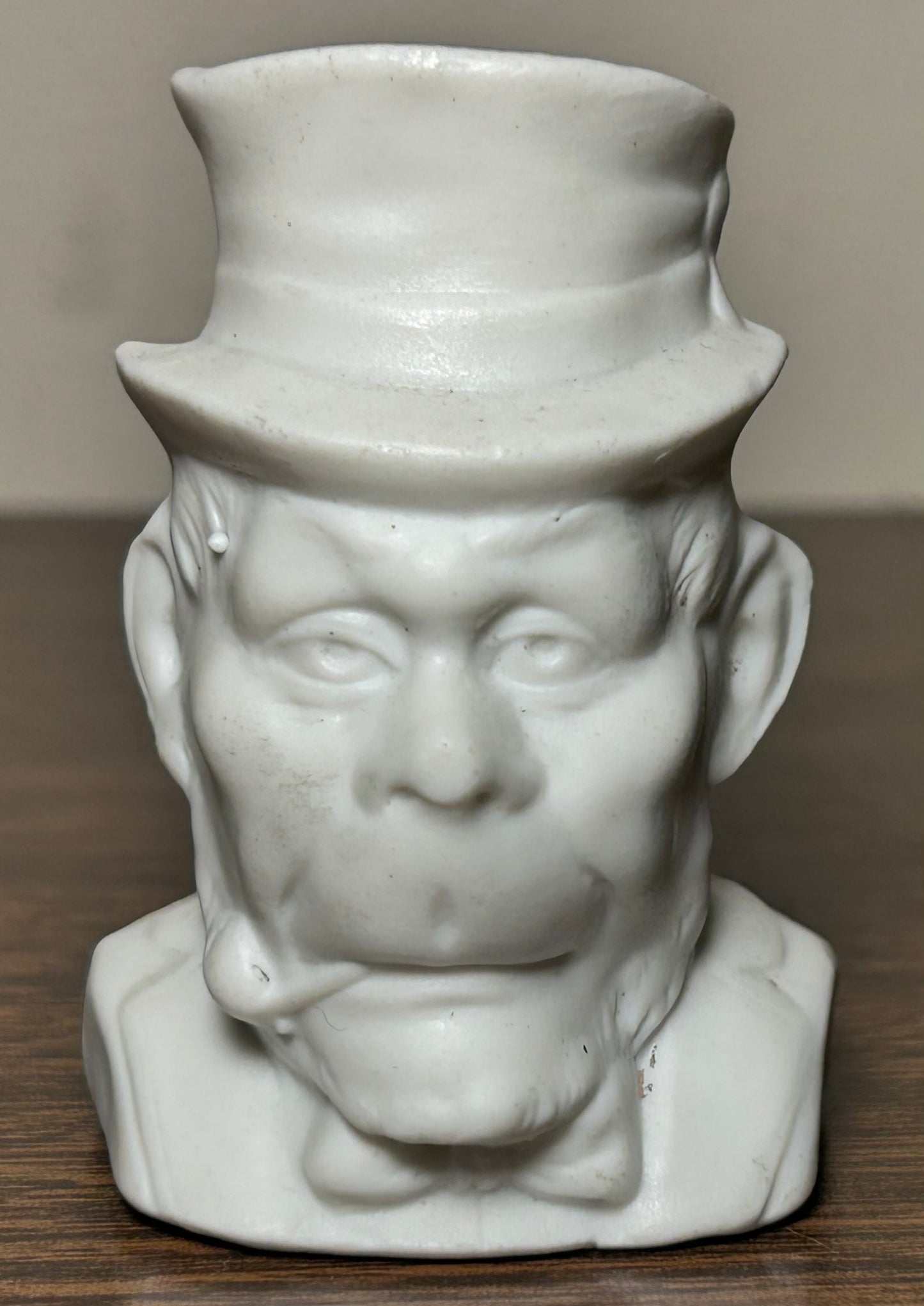 Late 19th Century German Victorian Bisque Porcelain Man in Top Hat Smoking Pipe Figural Matchstick Holder