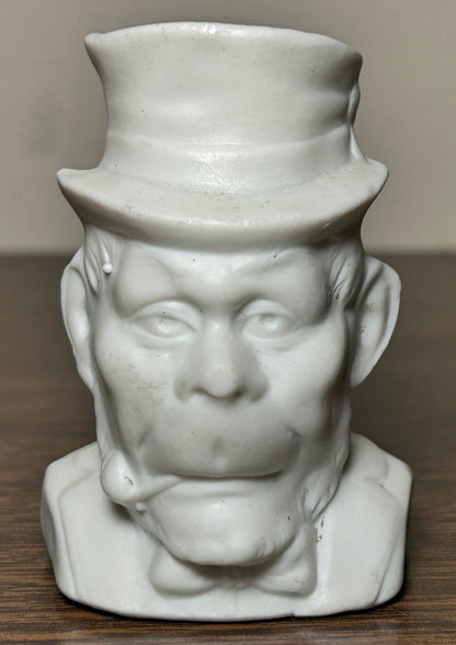 Late 19th Century German Victorian Bisque Porcelain Man in Top Hat Smoking Pipe Figural Matchstick Holder