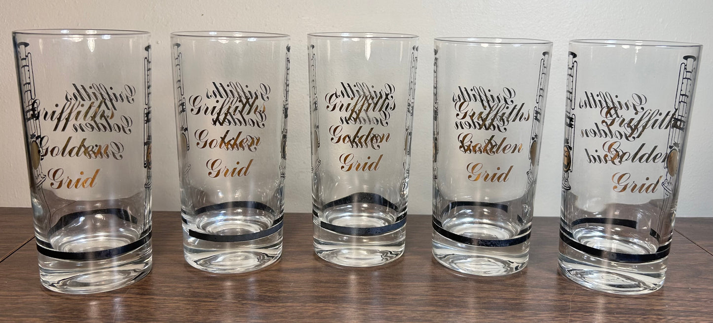 Set of 5 Vintage 1960’s American Mid Century Modern Griffiths Golden Grid Gilded Television Component Motifs Highball Glasses