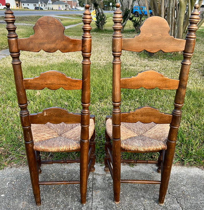 Pair of Vintage Mid 20th Century Spanish Country Style Carved Maple Wood/Upholstered Rush Seat High Ladderback Dining Chairs
