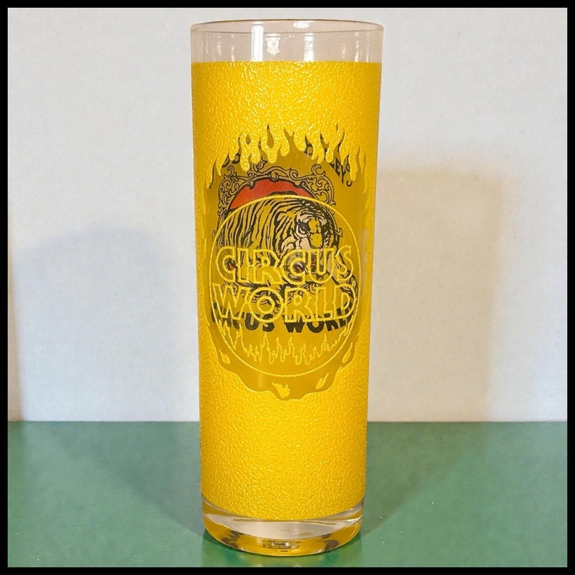 Vintage 1980’s Ringling Brothers & Barnum & Bailey Circus World Souvenir Tall Yellow Tiger/Ring of Fire Motif Glass