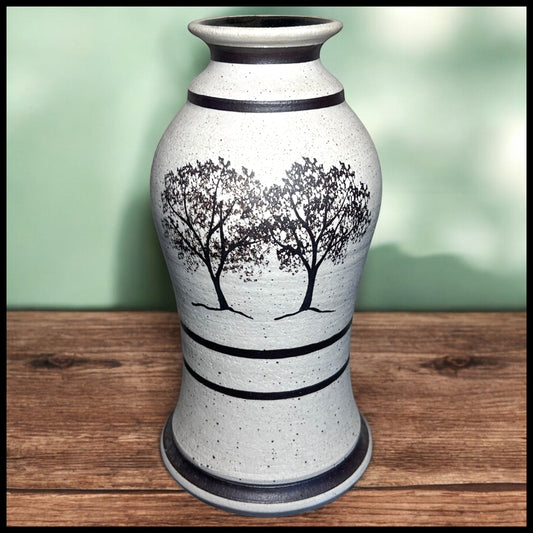Vintage Contemporary Style Studio Pottery Speckled Stoneware Trees Motif Baluster Vase Signed JS (20th Century)