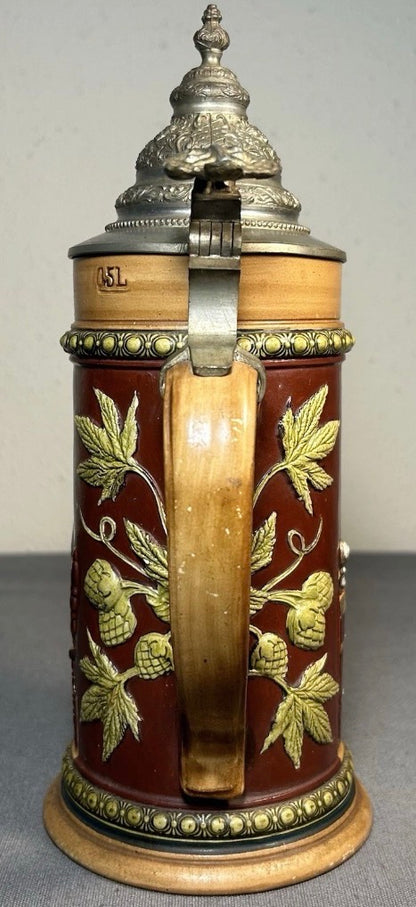 Early 20th Century German Westerwald-Style Stoneware High-Relief Tavern Scene Motif Lidded Stein