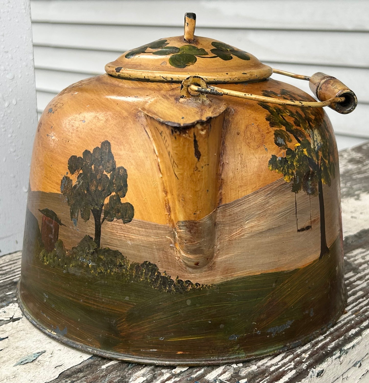 Vintage Mid 20th Century American Primitive Folk Art Hand-Painted Toleware Girls Jumping Rope in Countryside Landscape Motif Metal Coffee Kettle Signed Elliott