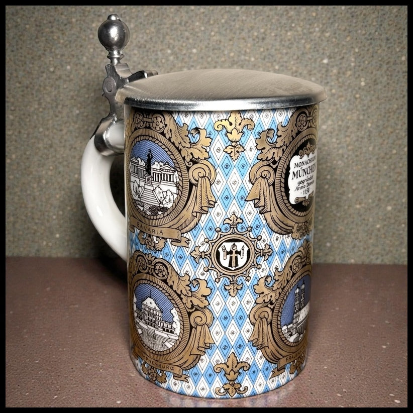 Vintage 1980’s German Porcelain Pewter Lidded Munchen Souvenir Stein
