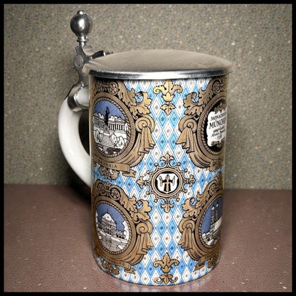 Vintage 1980’s German Porcelain Pewter Lidded Munchen Souvenir Stein