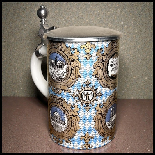 Vintage 1980’s German Porcelain Pewter Lidded Munchen Souvenir Stein