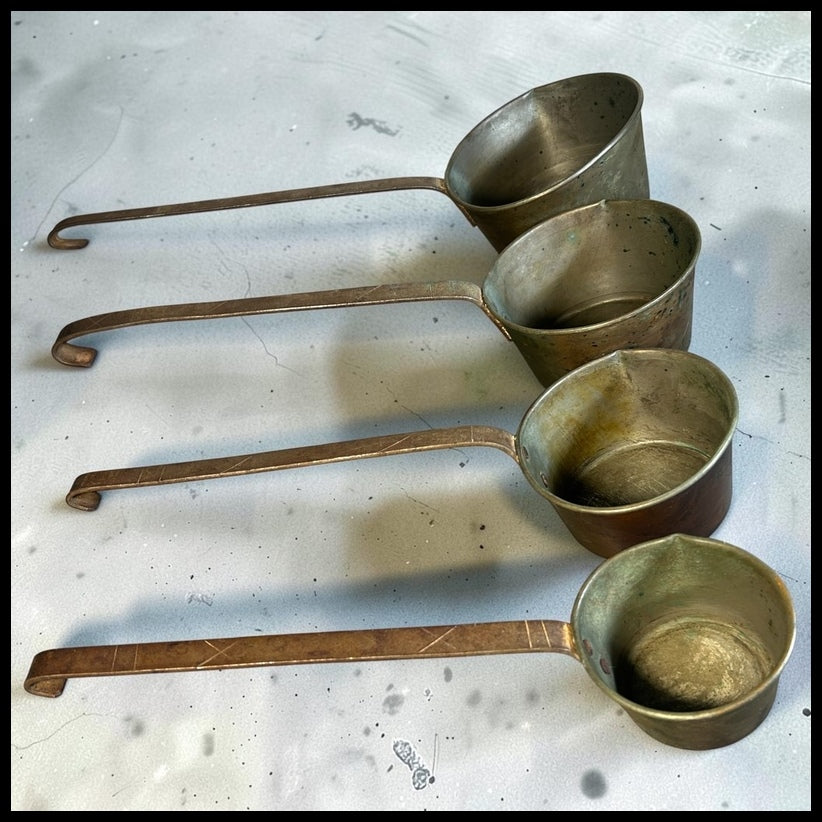 Set of 4 Late 19th Century French Primitive Tin-Lined Copper/Wrought Iron Nesting Pouring Measuring Cups with Handles