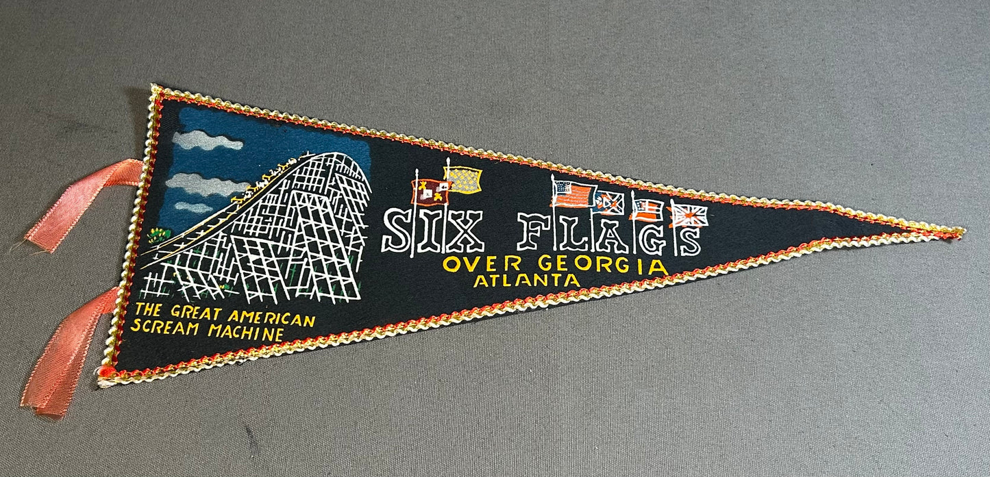 Vintage 1970’s Six Flags Over Georgia The Great American Scream Machine Souvenir Felt Pennant Made in Japan