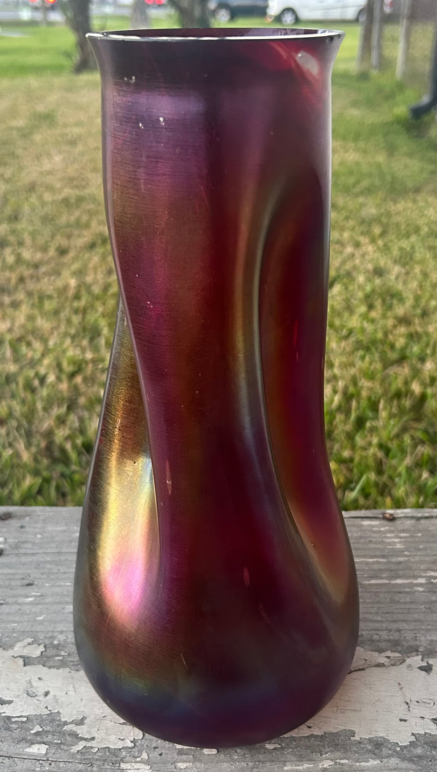 Circa 1900 Bohemian Josef Rindskopf Art Nouveau Iridescent Ruby Red Glass Striated Twist Vase