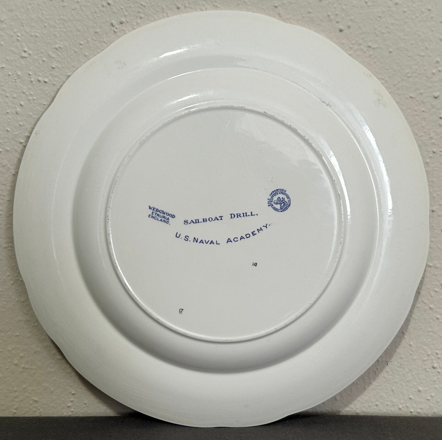 1934 English Wedgwood Etruria Blue Transferware Porcelain U.S. Naval Academy Sailboat Drill Plate