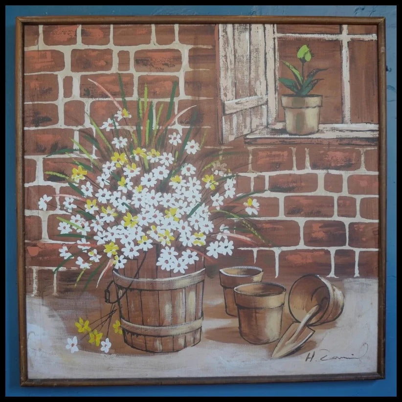 Vintage Circa 1970 American Mid Century Modern Daisies in Flower Pot Framed Oil Painting (Illegibly Signed)
