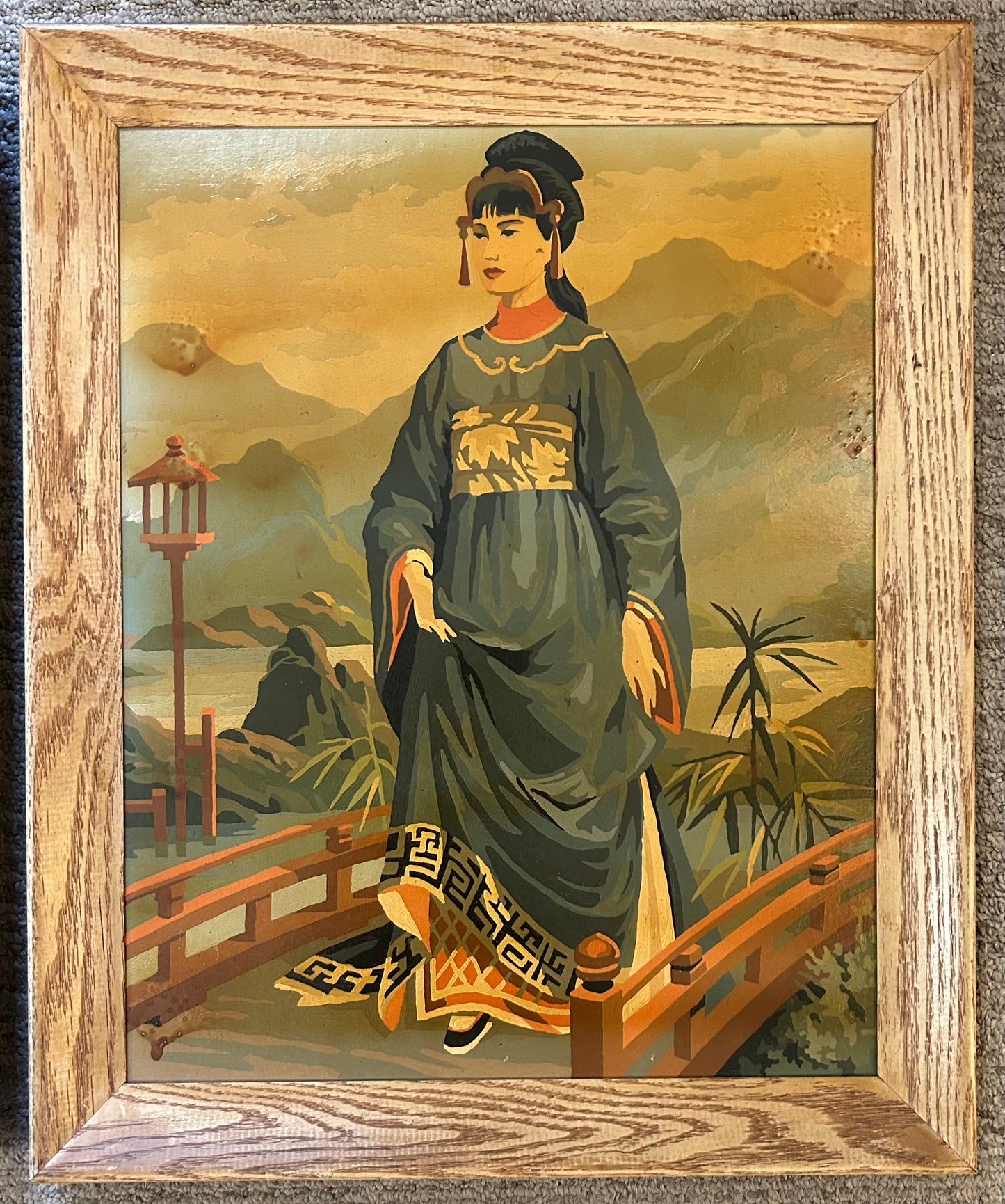 Pair of Vintage 1965 Craft Master Paint By Number Japanese Geisha Framed Oil Paintings
