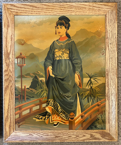 Pair of Vintage 1965 Craft Master Paint By Number Japanese Geisha Framed Oil Paintings