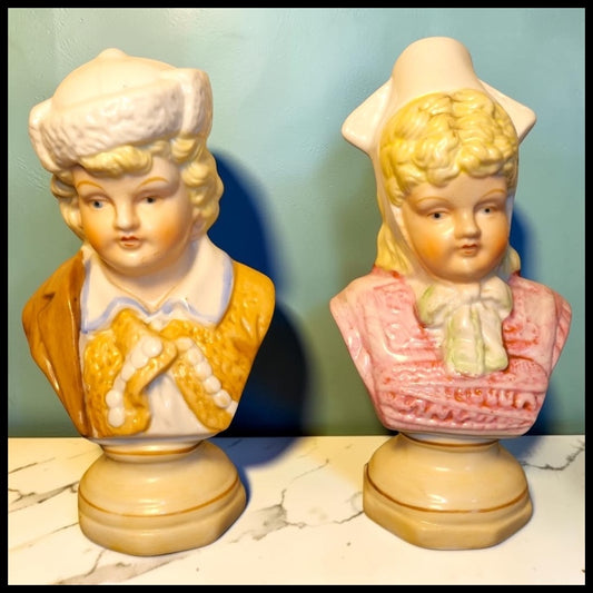 Set of 2 Late 19th Century German Thuringia Porcelain Young Boy and Girl Miniature Bust Figurines