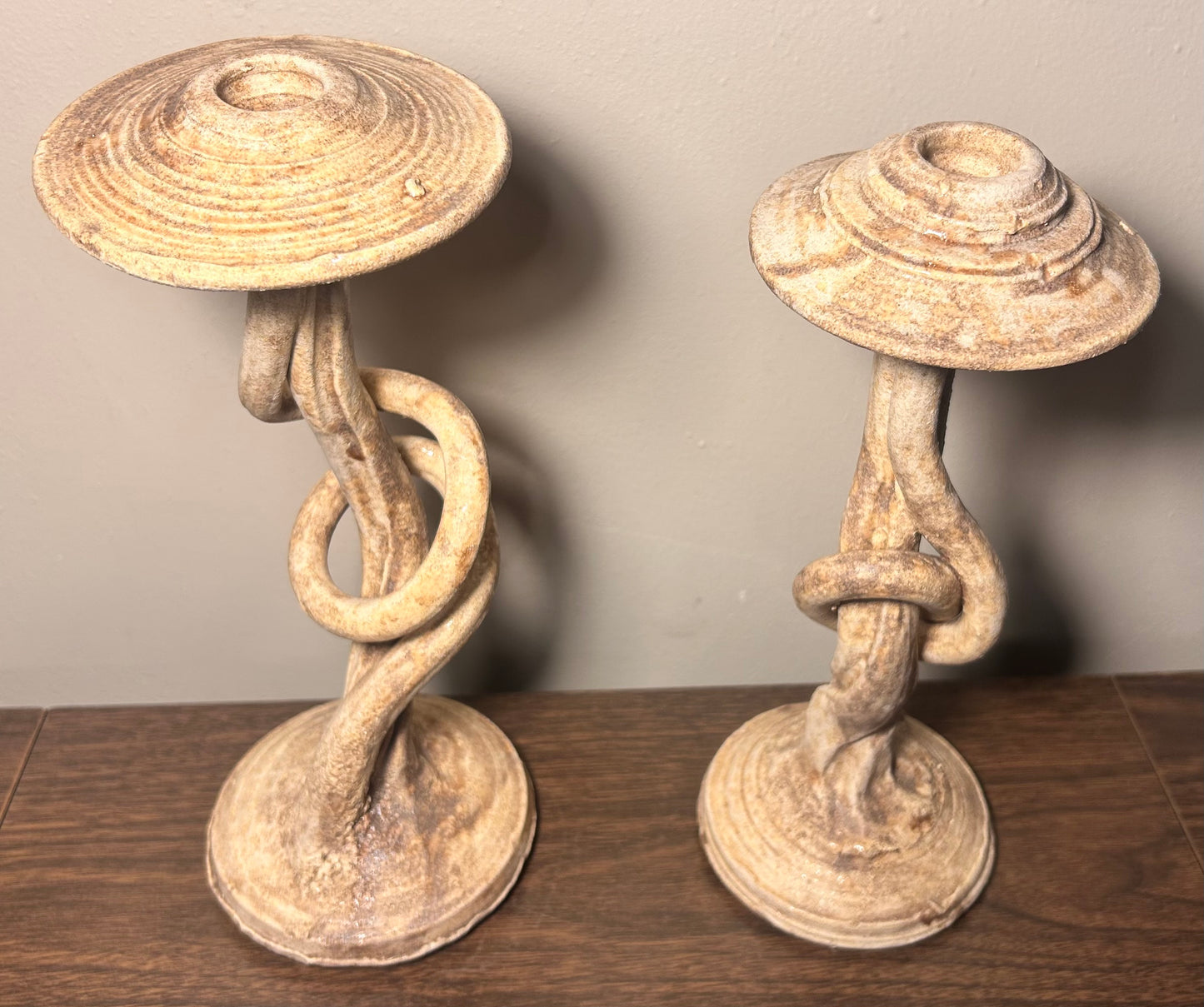 Pair of Contemporary Style Art Pottery Clay Organic Twist Form Candlesticks