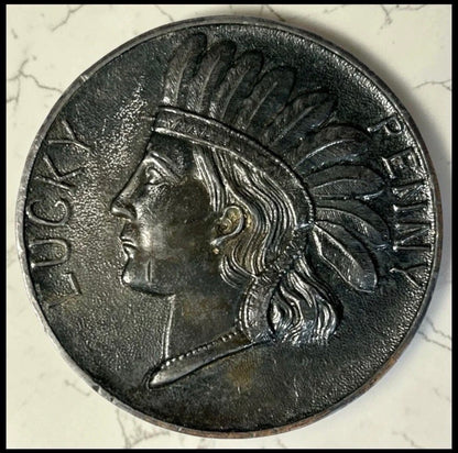Circa 1920 American Niagara Falls, New York Lucky Indian Head Penny Bronze Paperweight Souvenir