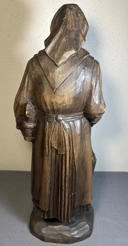 Early 20th Century French Breton Country Peasant Woman Hand-Carved Walnut Wood Sculpture