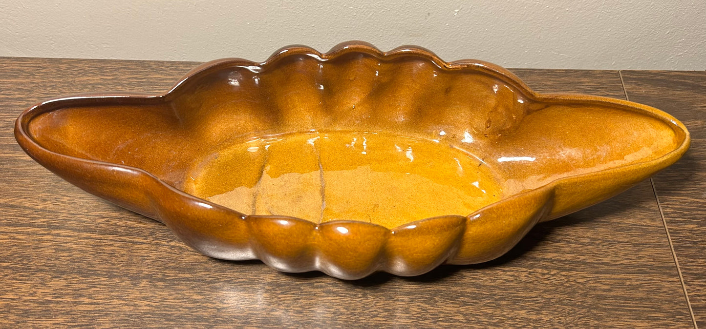 Vintage Circa 1960 American Mid Century Modern Anna Van Briggle Pottery Brown Glazed Console Bowl with Flower Frog