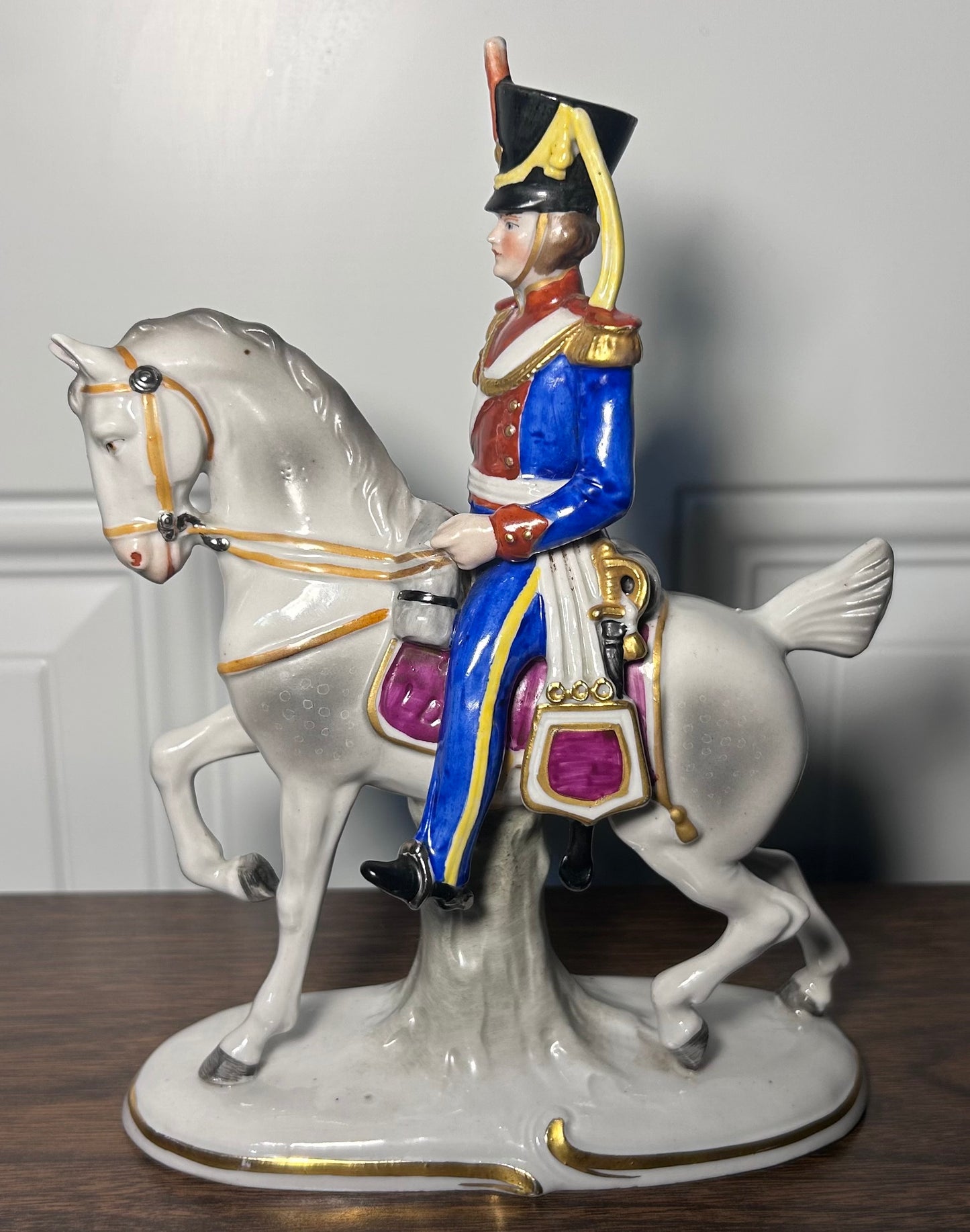 1918-1920 German Sitzendorf Porcelain Light Dragoons 1812 Military Officer on Horseback Figurine