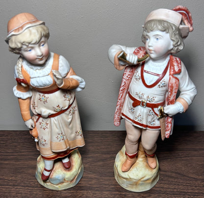 Set of 2 Late 19th Century German Victorian Conta & Boehme Bisque Porcelain Young Boy and Girl Figurines
