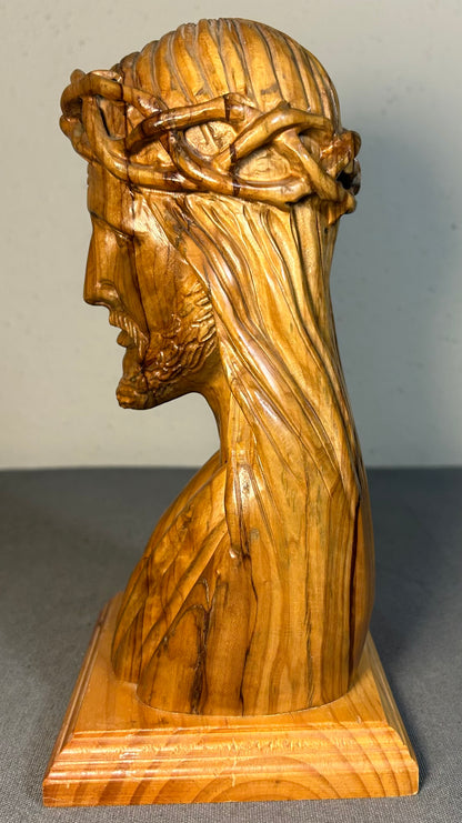 Christian Hand-Carved Holy Land Olive Wood Jesus Christ Bust Sculpture on Wooden Plinth Base Made in Bethlehem, Israel