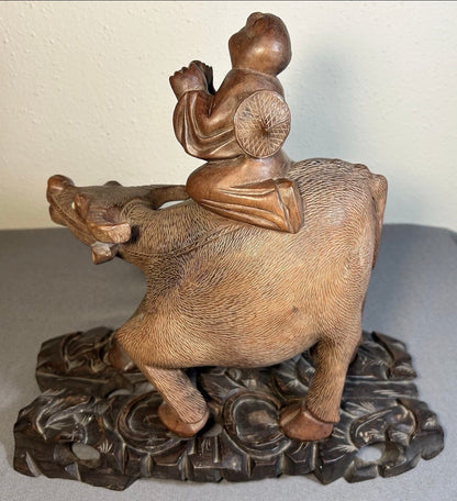 1920’s Chinese Young Herdsboy Riding Water Buffalo on Openwork Base Hand-Carved Rosewood Sculpture