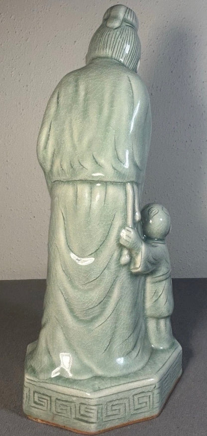 Vintage 1970’s Chinese Celadon Porcelain Shou Lao Taoist God of Longevity Statue