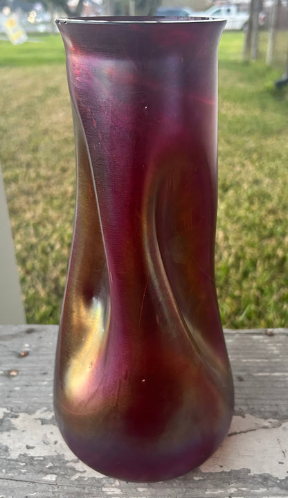 Circa 1900 Bohemian Josef Rindskopf Art Nouveau Iridescent Ruby Red Glass Striated Twist Vase