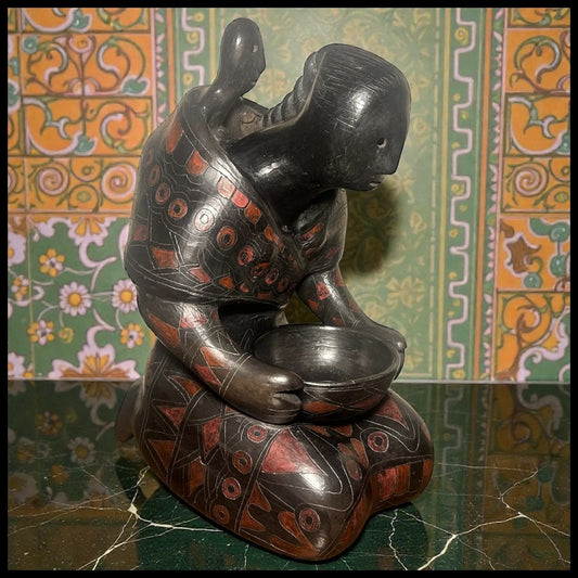 Vintage 1960’s Mexican Manuel Felguerez Barro Negro Pottery Clay Mother Holding Child and Bowl Sculpture