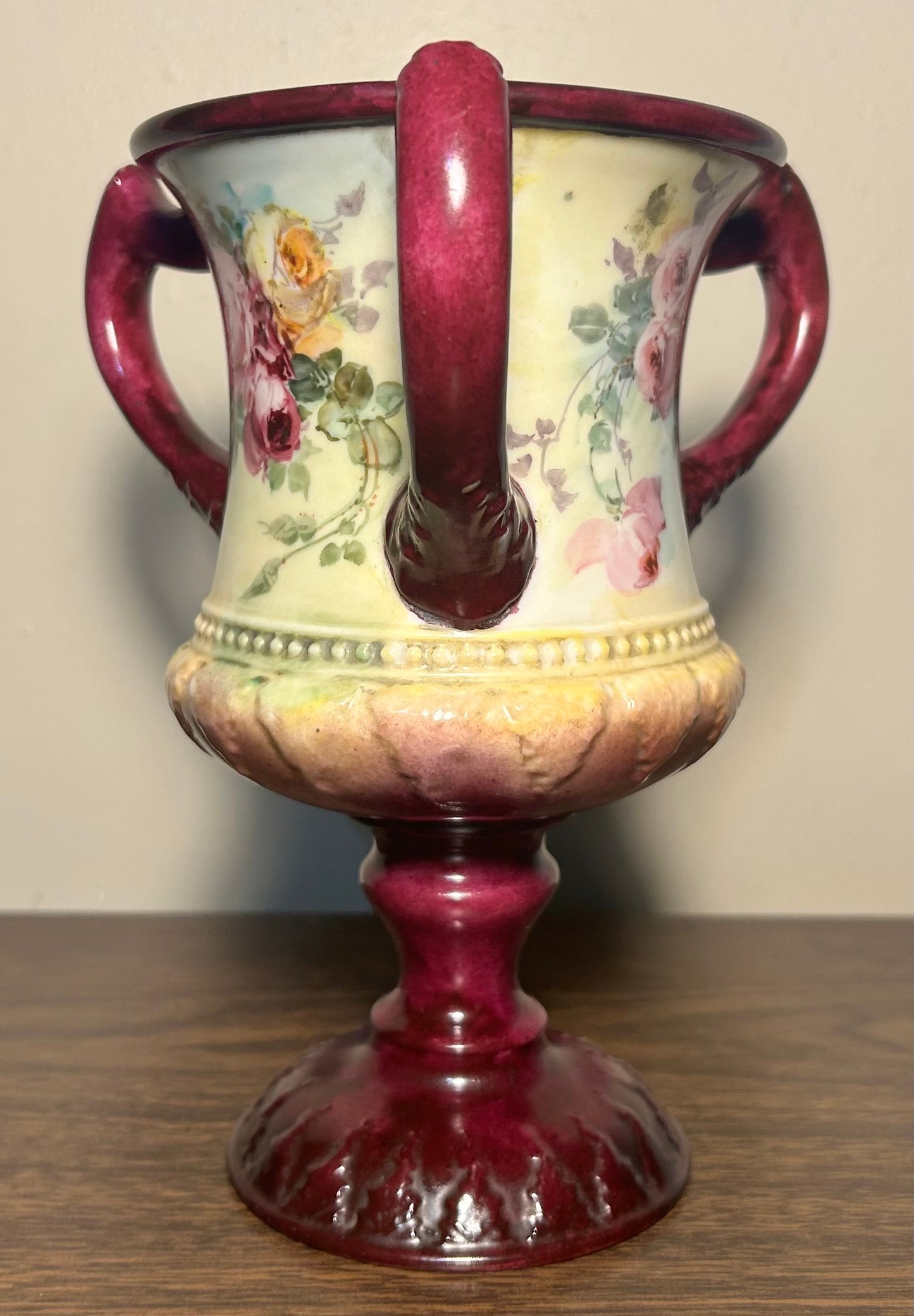 1889-1906 American Ceramic Art Studio Belleek Porcelain Hand Painted Rose Motifs Loving Cup Vase