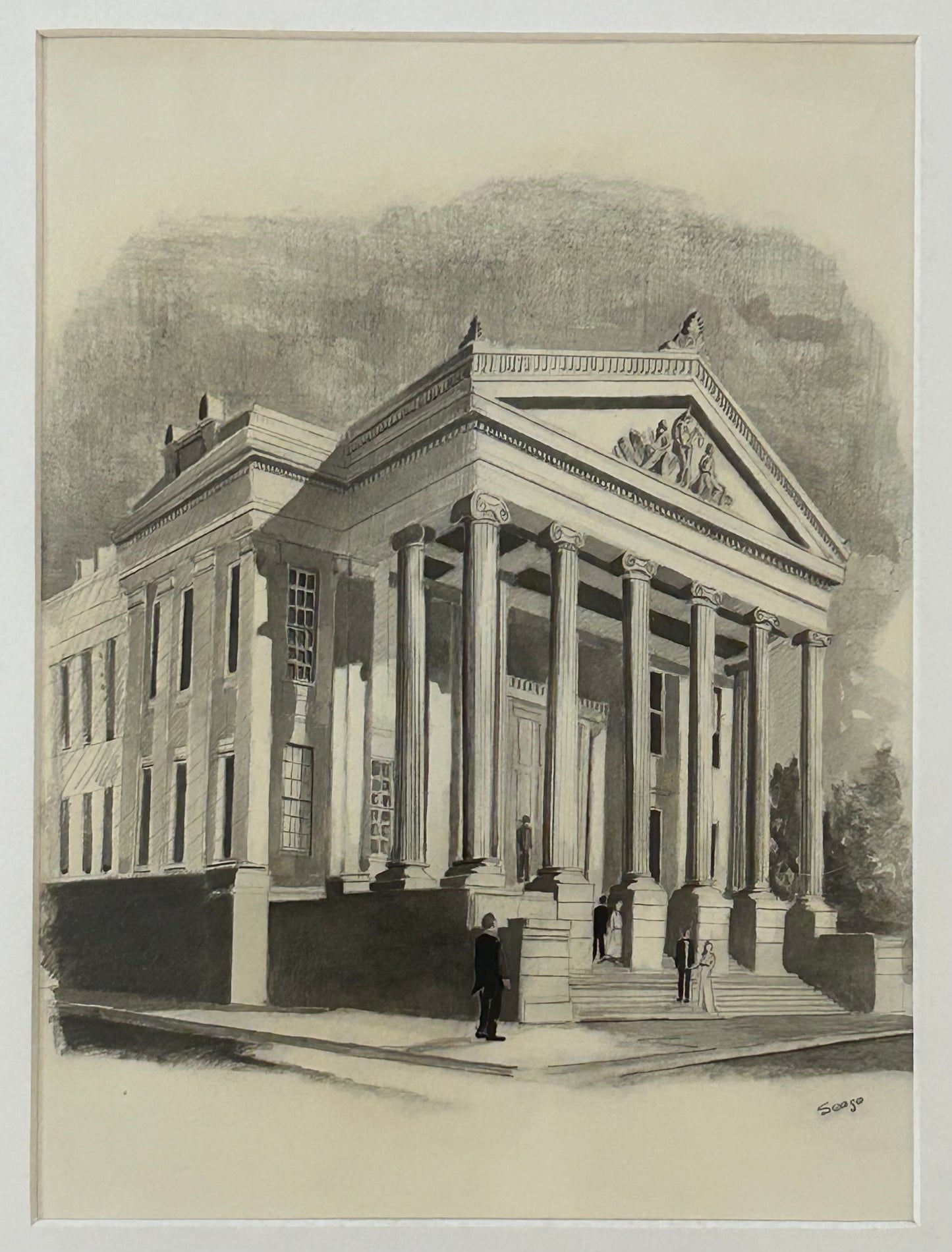 Vintage Robert Seago - “New Orleans Gallier Hall Mardi Gras Ball Arrival Scene” Framed Signed Pencil/Graphite Drawing (20th Century) (New Orleans, Louisiana)