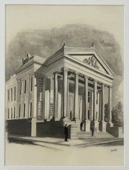 Vintage Robert Seago - “New Orleans Gallier Hall Mardi Gras Ball Arrival Scene” Framed Signed Pencil/Graphite Drawing (20th Century) (New Orleans, Louisiana)