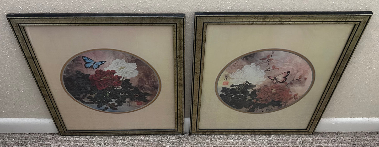 Set of 2 Vintage 1980’s Windsor Art Products Oriental Flowers with Butterflies Framed Prints by T.C. Chiu