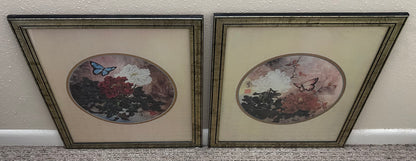 Set of 2 Vintage 1980’s Windsor Art Products Oriental Flowers with Butterflies Framed Prints by T.C. Chiu