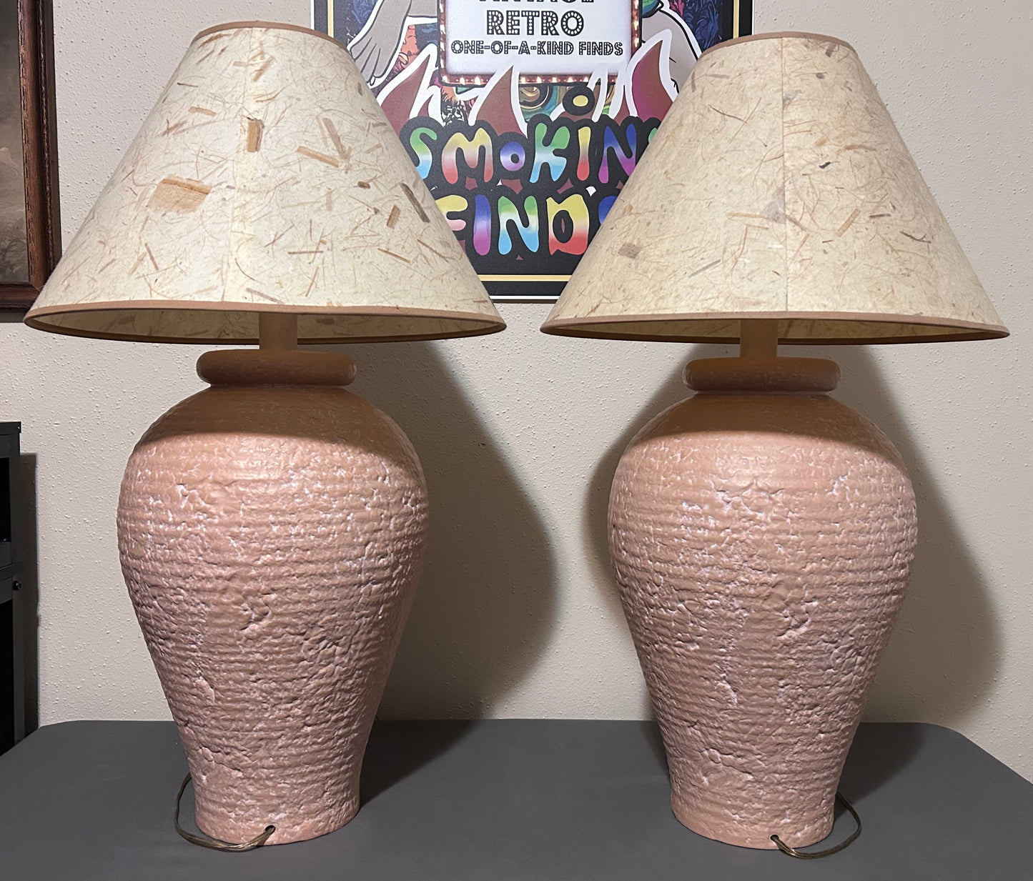 Pair of Vintage 1980’s American Postmodern Pastel Pink Banded Textured Ceramic Base Table Lamps with Thai Banana Paper Shades