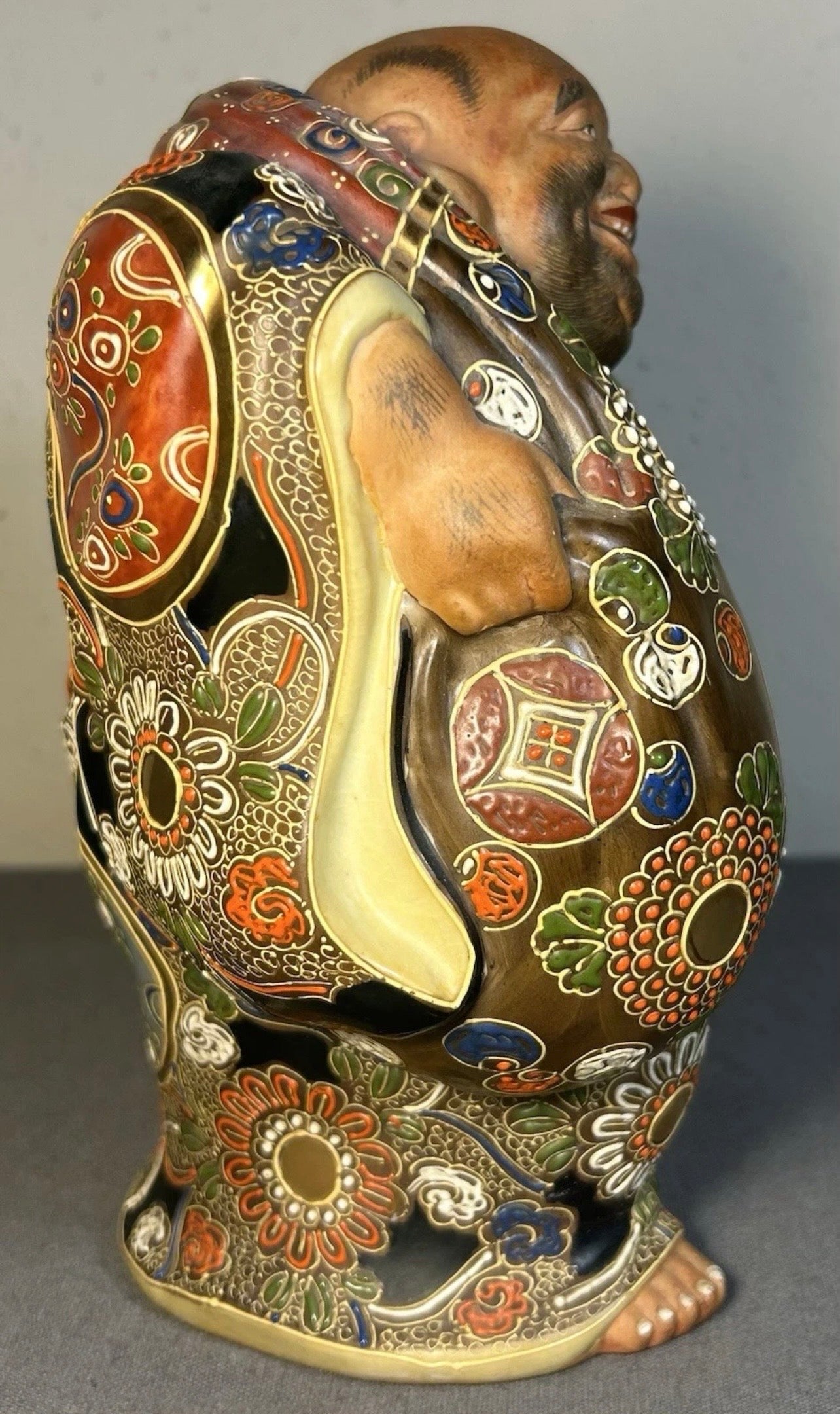 Early 20th Century Japanese Kutani Porcelain Moriage Hotei Statue (Meiji Period)