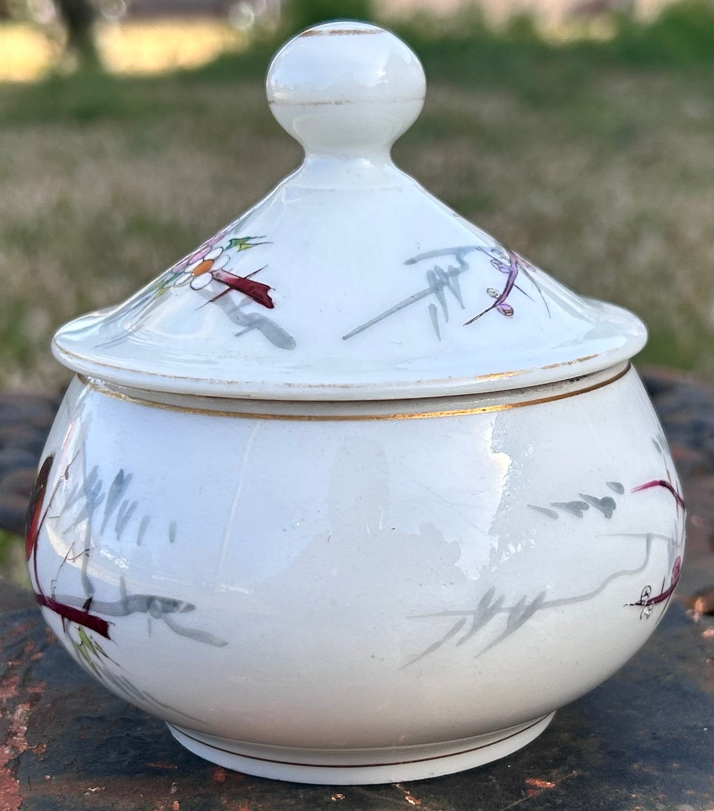 Vintage 1960’s Japanese Porcelain Hand-Painted Floral/Bird Motifs Lidded Vanity Jar