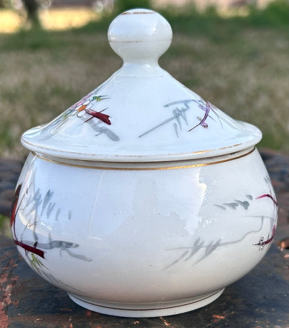 Vintage 1960’s Japanese Porcelain Hand-Painted Floral/Bird Motifs Lidded Vanity Jar