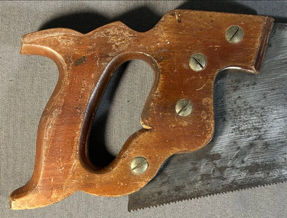 Vintage 1950’s American Henry Disston & Sons 20-Inch Chrome-Nickel Alloy Steel Metal Blade/Carved Applewood Wheat Design Handle D-23 Model Panel Saw with Medallion