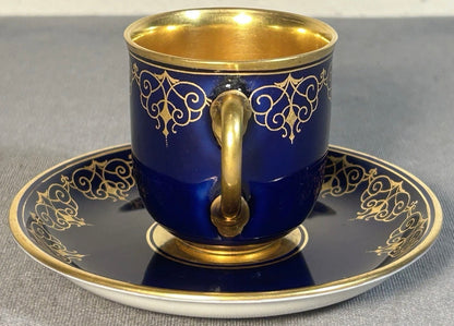 1930’s Austrian Augarten Porcelain Biedermeier Style Gilded Cobalt Blue Scrollwork Motifs Demitasse Cups and Saucer Set