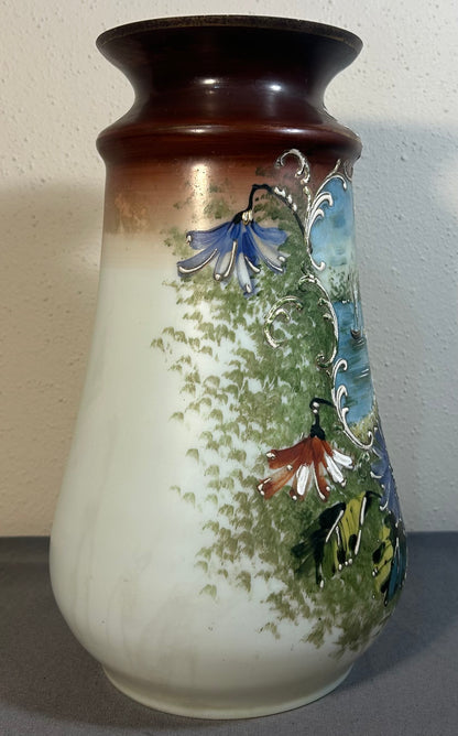 Late 19th Century French Victorian Art Nouveau Hand-Painted Opaline Glass Dutch Landscape/Floral Motifs Baluster Vase